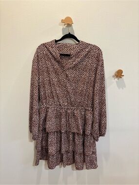 Tiered Long Sleeve Polka Dot Mini Dress - Brown/White